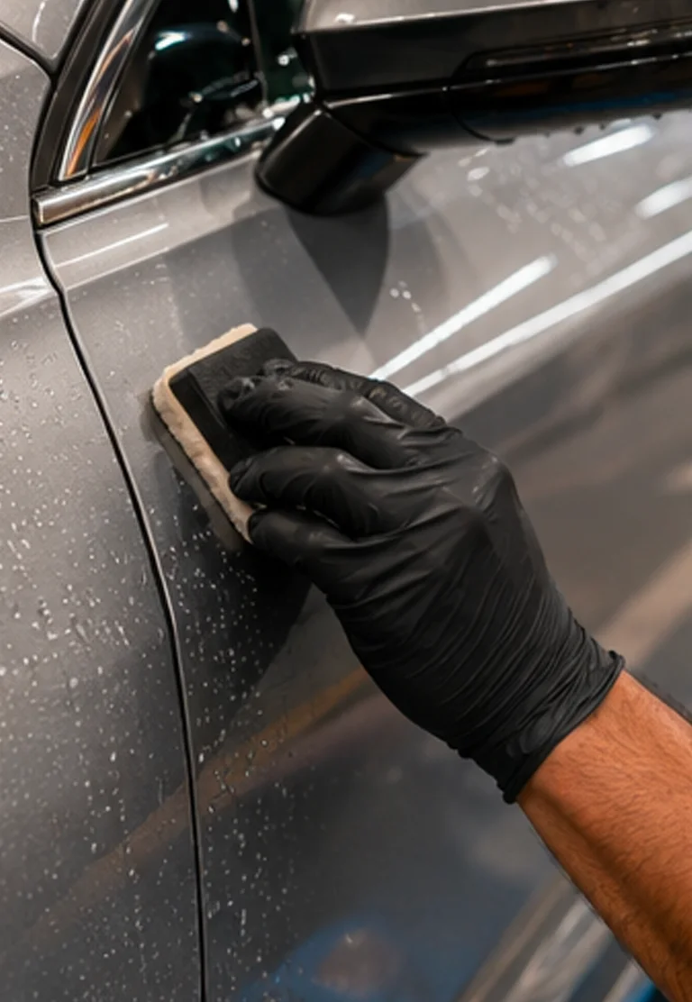 Detailer applying a protective ceramic coating to glossy automotive paint for a vehicle kept in Waikiki