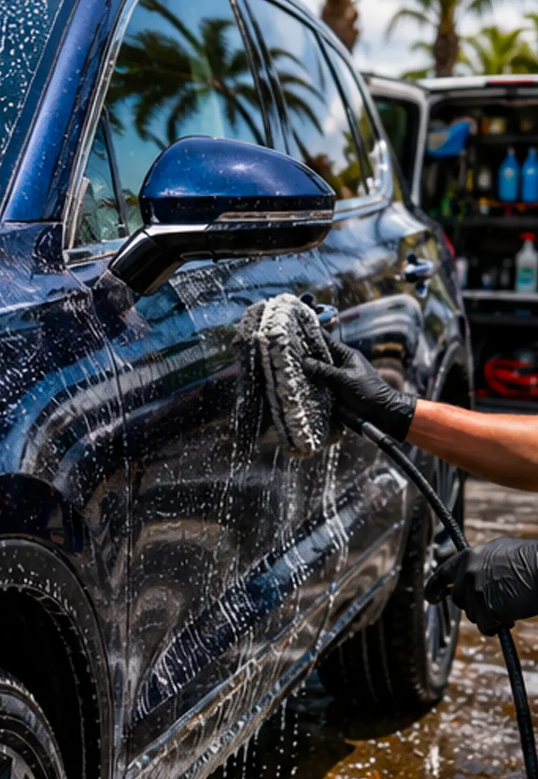 Mobile detailer carefully hand-washing a premium dark vehicle at an approved Waikiki parking location
