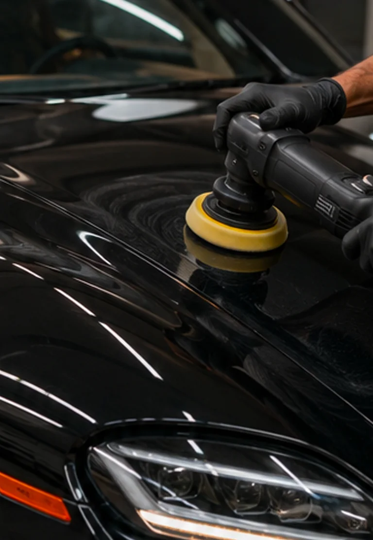 Machine polishing and paint correction restoring gloss to a dark vehicle under controlled detailing lights